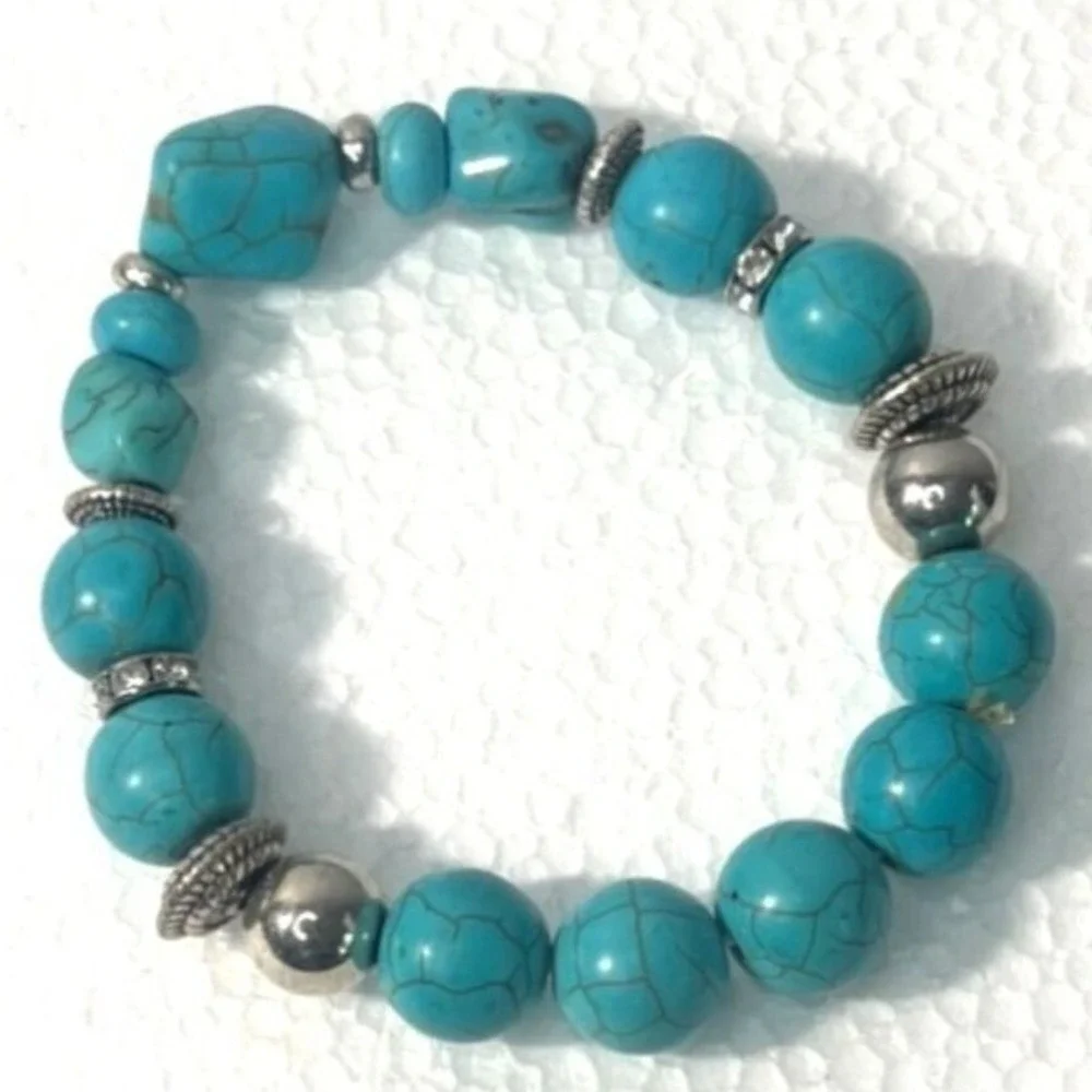 Blue Beaded Cross Stretch Bracelet Lot of 2‎ Rhinestones Silver tone